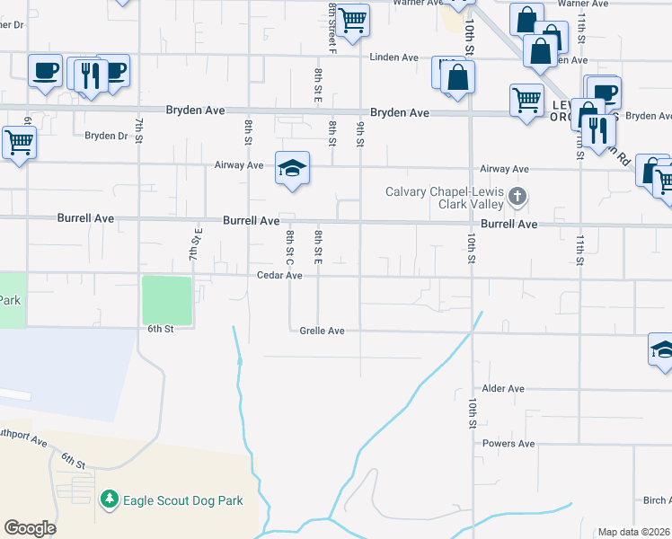 map of restaurants, bars, coffee shops, grocery stores, and more near 3513 8th Street East in Lewiston