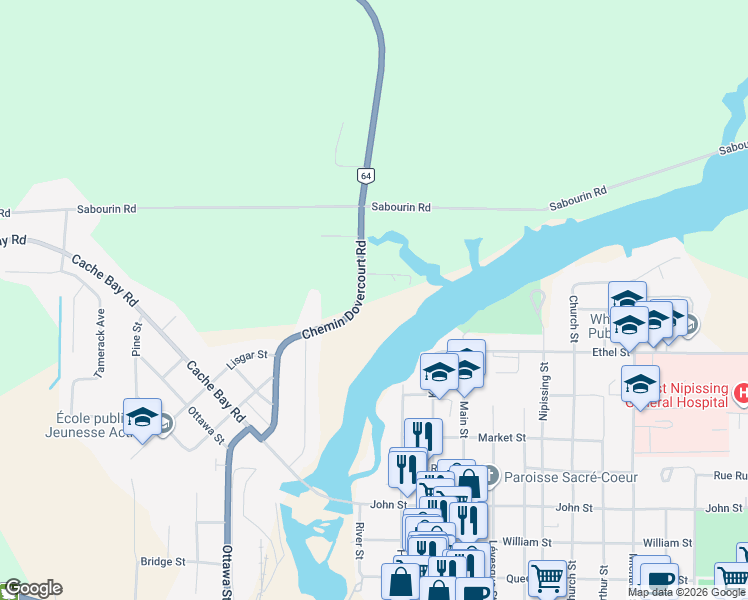 map of restaurants, bars, coffee shops, grocery stores, and more near 280 Chemin Dovercourt Road in West Nipissing