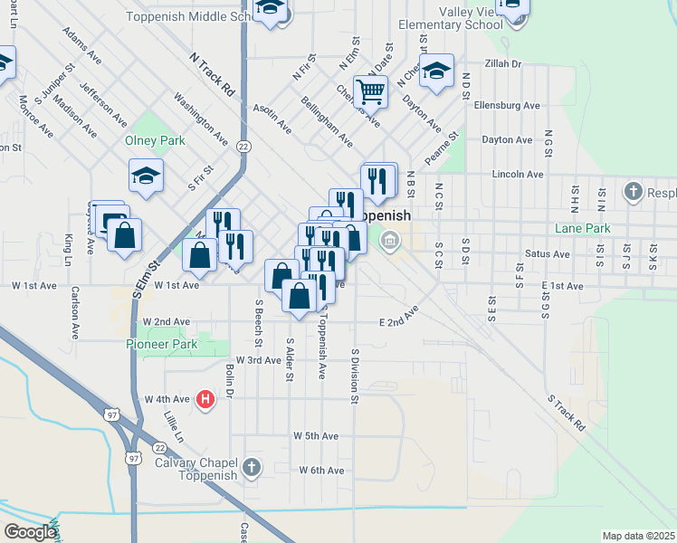 map of restaurants, bars, coffee shops, grocery stores, and more near in Toppenish