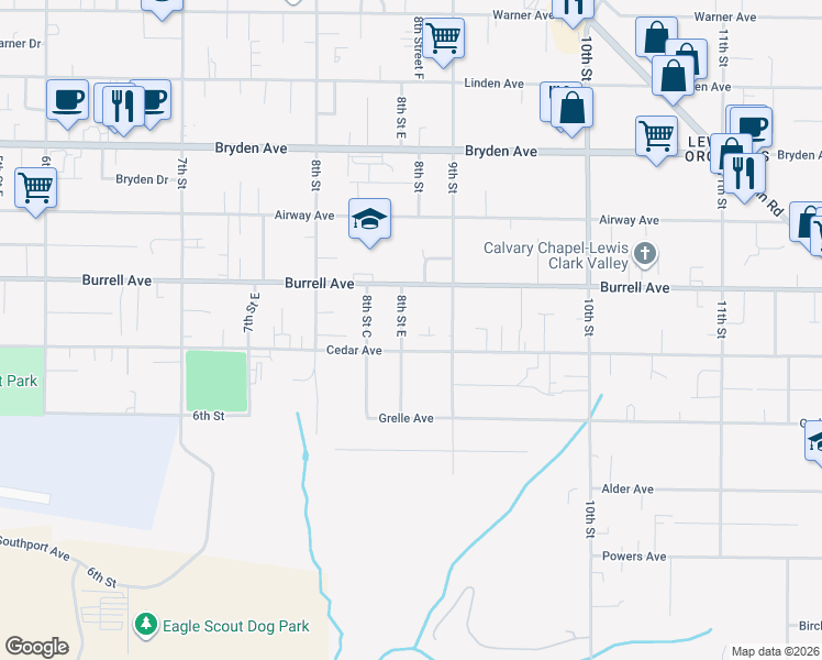 map of restaurants, bars, coffee shops, grocery stores, and more near 3513 8th Street East in Lewiston