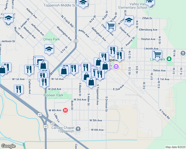 map of restaurants, bars, coffee shops, grocery stores, and more near 14 Jefferson Avenue in Toppenish