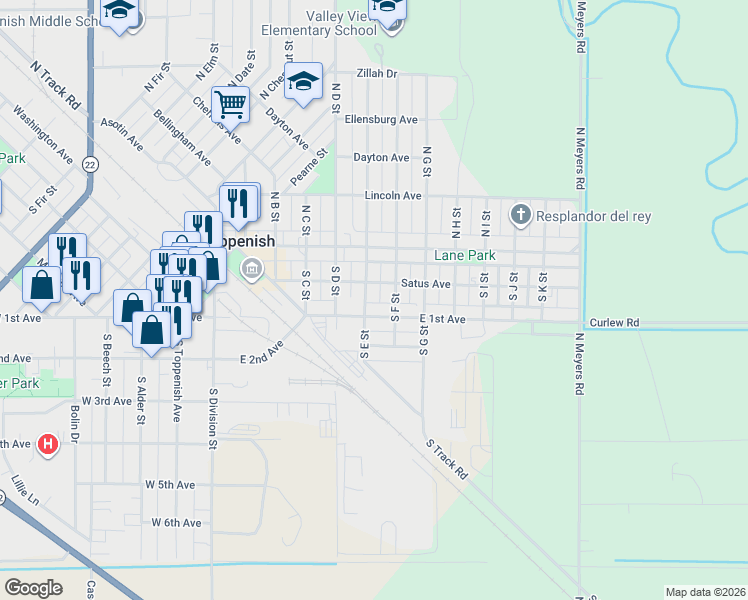 map of restaurants, bars, coffee shops, grocery stores, and more near 114 S E St in Toppenish