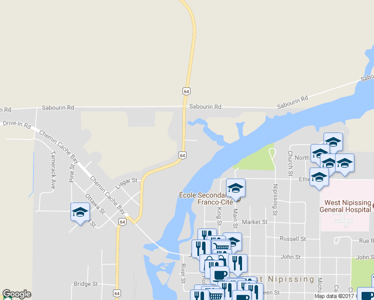 map of restaurants, bars, coffee shops, grocery stores, and more near 280 Chemin Dovercourt Road in Sturgeon Falls