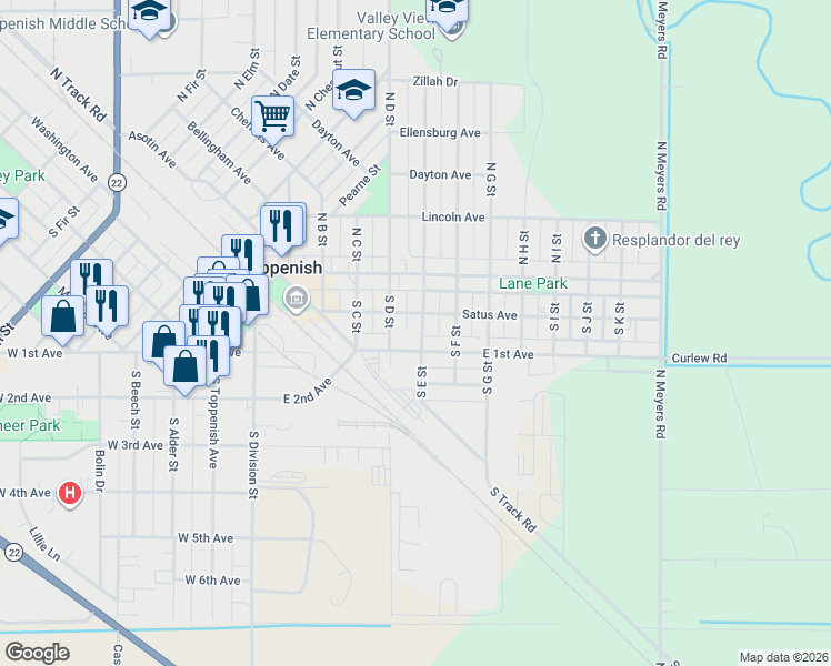 map of restaurants, bars, coffee shops, grocery stores, and more near 114 S E St in Toppenish