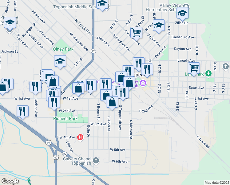 map of restaurants, bars, coffee shops, grocery stores, and more near 14 Jefferson Avenue in Toppenish