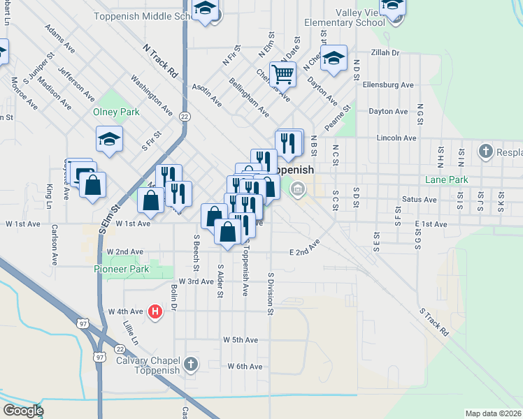 map of restaurants, bars, coffee shops, grocery stores, and more near in Toppenish