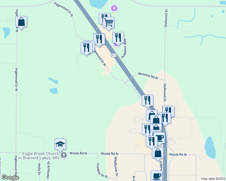 map of restaurants, bars, coffee shops, grocery stores, and more near 7180 Novotny Road North in Baxter