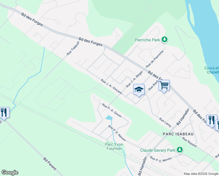 map of restaurants, bars, coffee shops, grocery stores, and more near 8071 Rue J.-A.-Vincent in Trois-Rivières