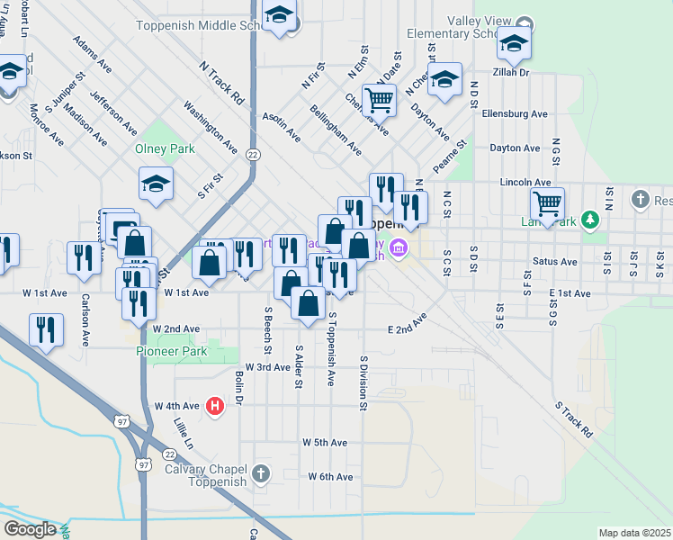 map of restaurants, bars, coffee shops, grocery stores, and more near in Toppenish