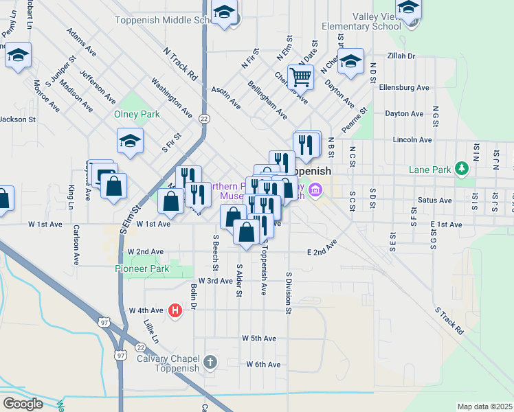 map of restaurants, bars, coffee shops, grocery stores, and more near 223-299 West 1st Avenue in Toppenish
