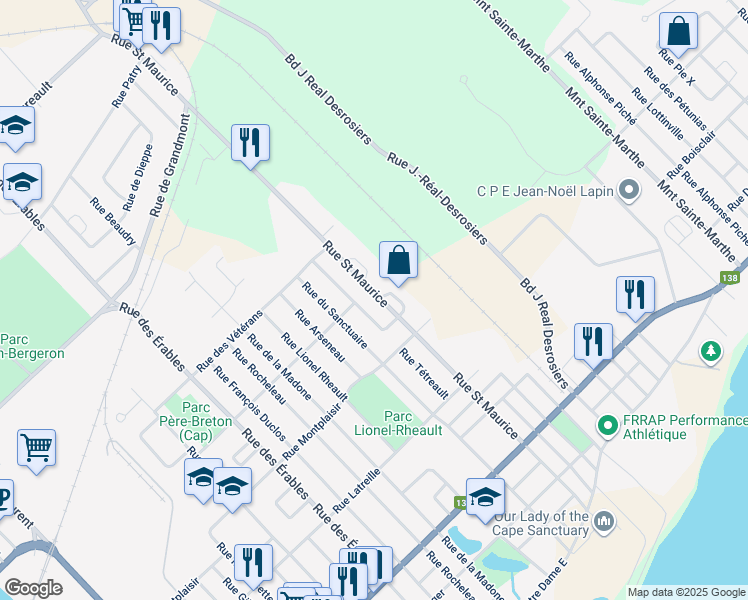 map of restaurants, bars, coffee shops, grocery stores, and more near 301 Rue Saint Maurice in Trois-Rivières