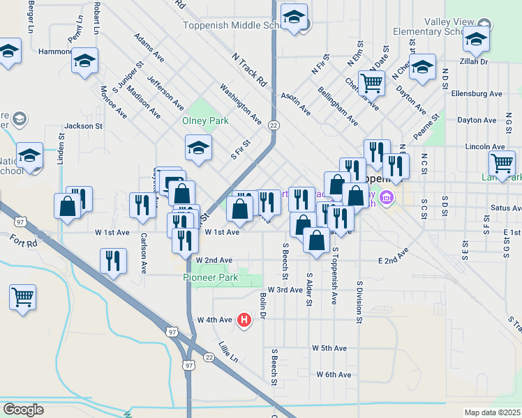 map of restaurants, bars, coffee shops, grocery stores, and more near 304 Madison Ave in Toppenish