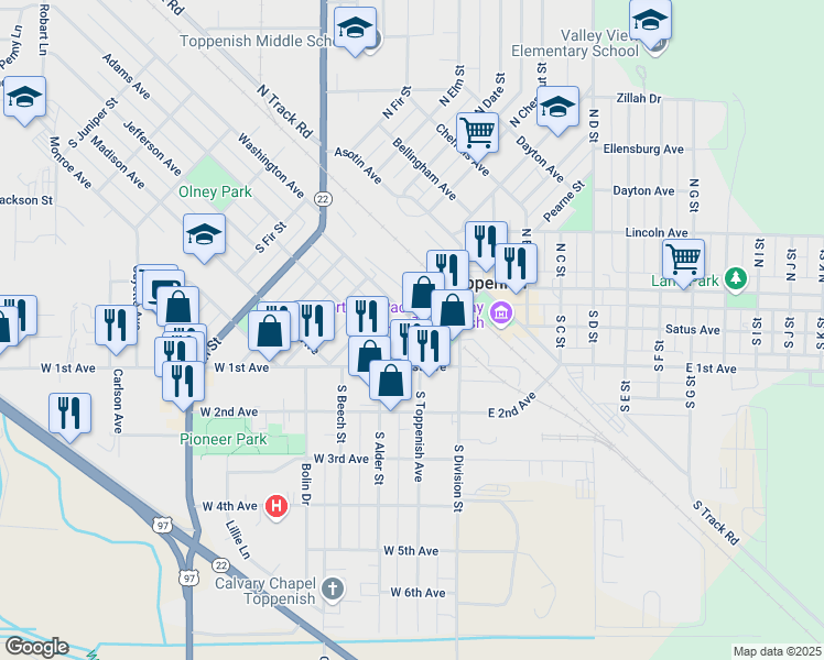 map of restaurants, bars, coffee shops, grocery stores, and more near 223-299 West 1st Avenue in Toppenish