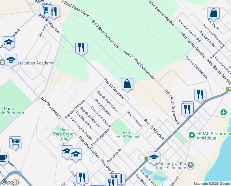 map of restaurants, bars, coffee shops, grocery stores, and more near 323 Rue Saint Maurice in Trois-Rivières