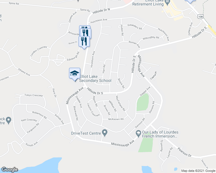 map of restaurants, bars, coffee shops, grocery stores, and more near 94 Roman Avenue in Elliot Lake