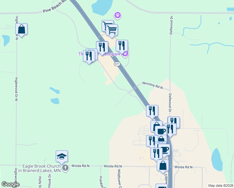 map of restaurants, bars, coffee shops, grocery stores, and more near 7180 Novotny Road North in Baxter