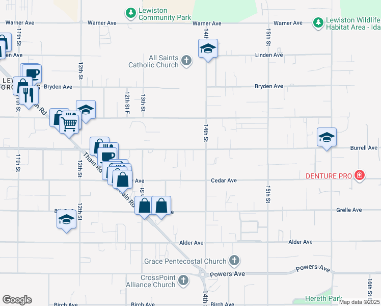 map of restaurants, bars, coffee shops, grocery stores, and more near 1332 Burrell Avenue in Lewiston