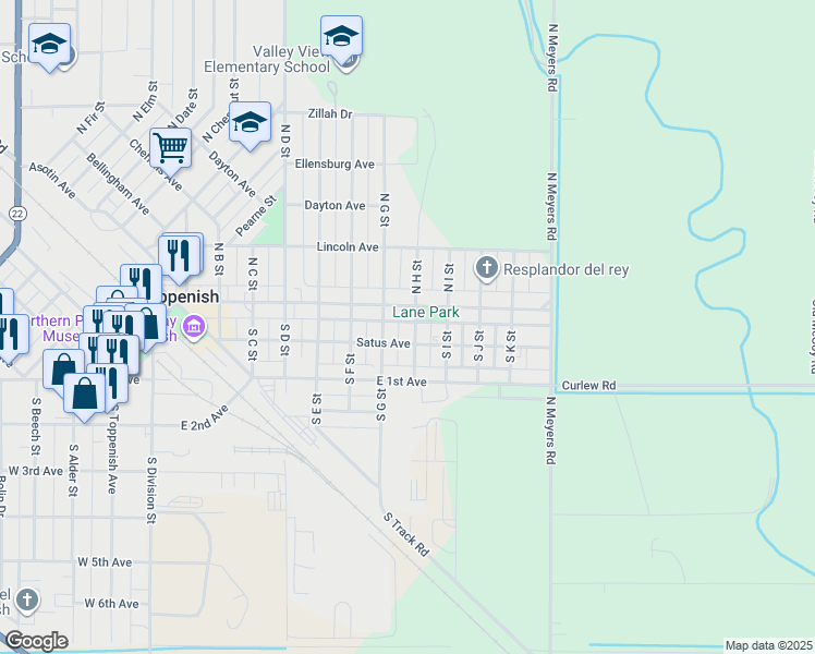 map of restaurants, bars, coffee shops, grocery stores, and more near 706 E Toppenish Ave in Toppenish