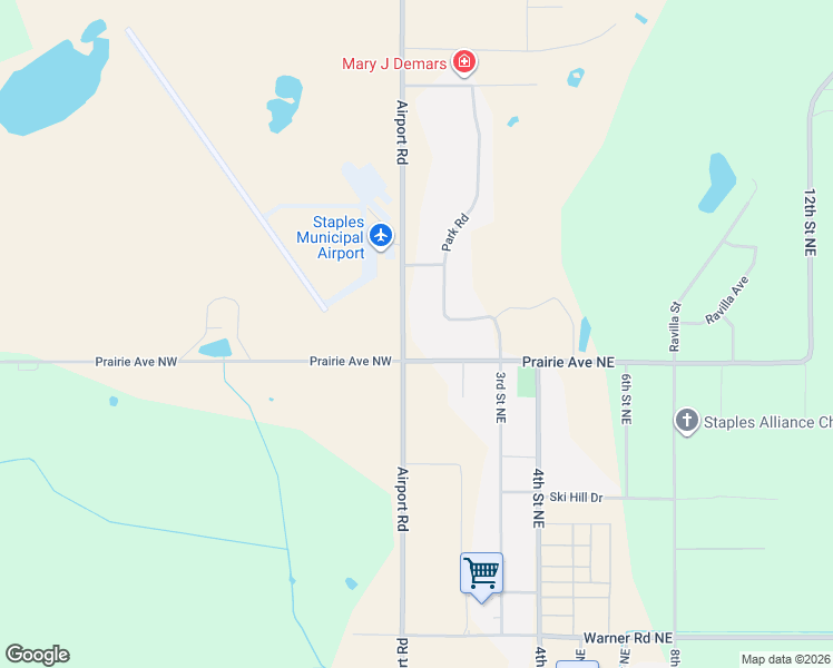 map of restaurants, bars, coffee shops, grocery stores, and more near 1616 Airport Road in Staples