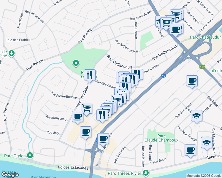 map of restaurants, bars, coffee shops, grocery stores, and more near in Trois-Rivières