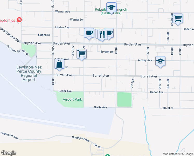 map of restaurants, bars, coffee shops, grocery stores, and more near 613 Burrell Avenue in Lewiston