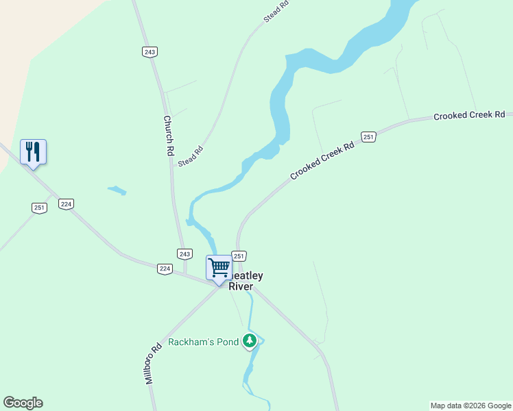 map of restaurants, bars, coffee shops, grocery stores, and more near 836 Crooked Creek Road in Wheatley River