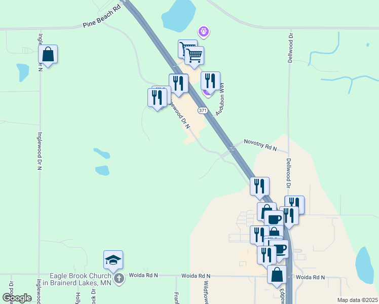 map of restaurants, bars, coffee shops, grocery stores, and more near 15521 Edgewood Drive North in Brainerd