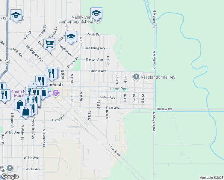 map of restaurants, bars, coffee shops, grocery stores, and more near 706 East Toppenish Avenue in Toppenish