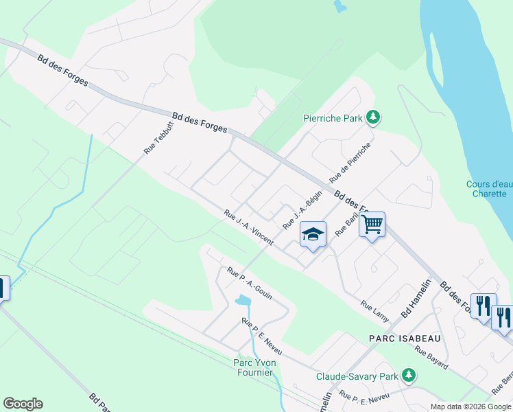 map of restaurants, bars, coffee shops, grocery stores, and more near 8082 Rue Lucien-Lacombe in Trois-Rivières