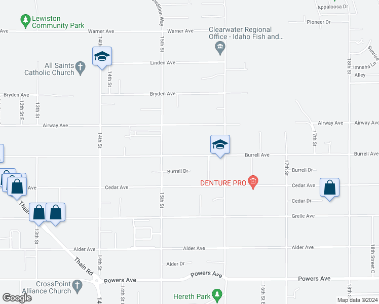 map of restaurants, bars, coffee shops, grocery stores, and more near 1519 Burrell Avenue in Lewiston
