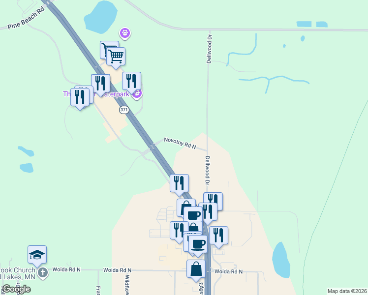 map of restaurants, bars, coffee shops, grocery stores, and more near 7405 Novotny Road North in Brainerd