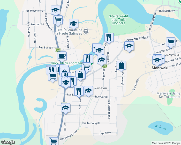 map of restaurants, bars, coffee shops, grocery stores, and more near 224 Rue Notre Dame in Maniwaki