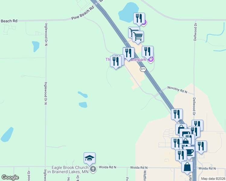map of restaurants, bars, coffee shops, grocery stores, and more near 6967 Lake Forest Road in Baxter