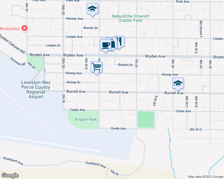 map of restaurants, bars, coffee shops, grocery stores, and more near 613 Burrell Avenue in Lewiston