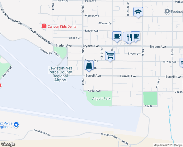 map of restaurants, bars, coffee shops, grocery stores, and more near 511 Burrell Avenue in Lewiston