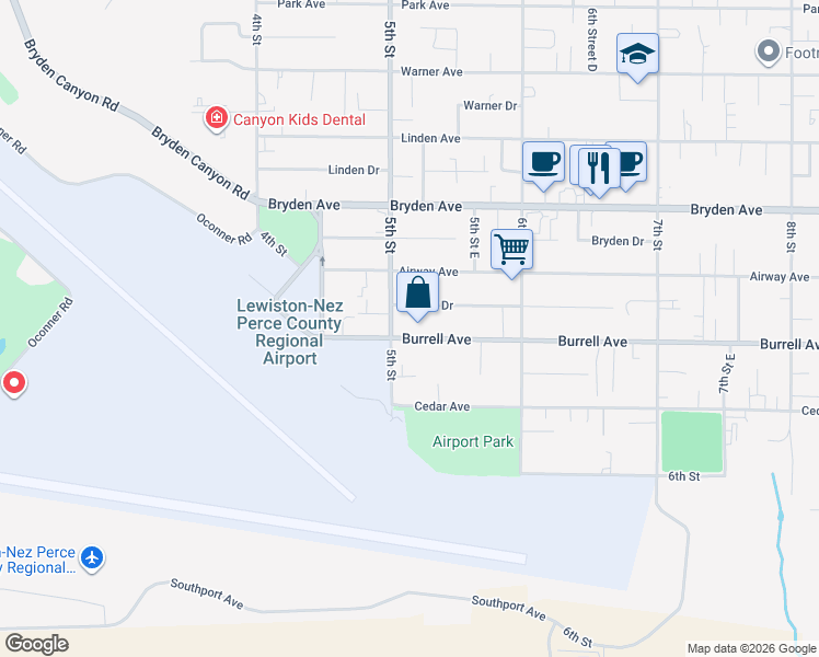 map of restaurants, bars, coffee shops, grocery stores, and more near 511 Burrell Avenue in Lewiston