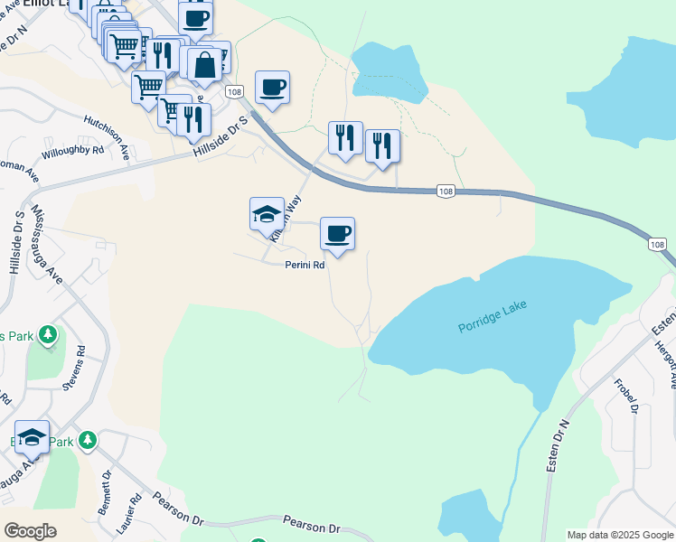 map of restaurants, bars, coffee shops, grocery stores, and more near 15 Perini Road in Elliot Lake