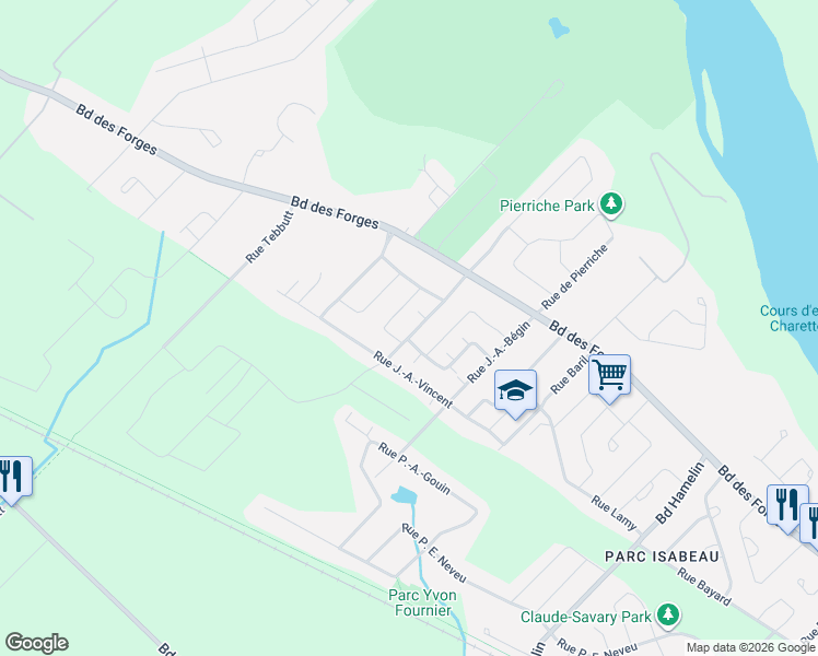 map of restaurants, bars, coffee shops, grocery stores, and more near 1644 Rue Flamand in Trois-Rivières