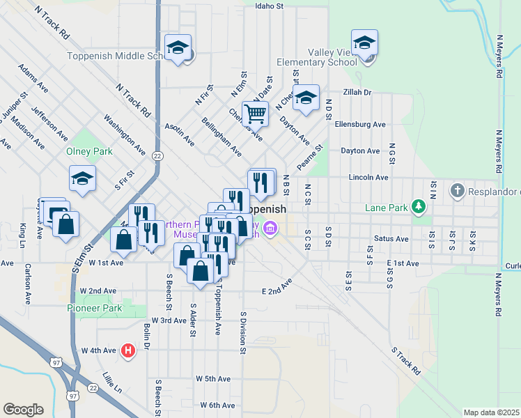 map of restaurants, bars, coffee shops, grocery stores, and more near in Toppenish