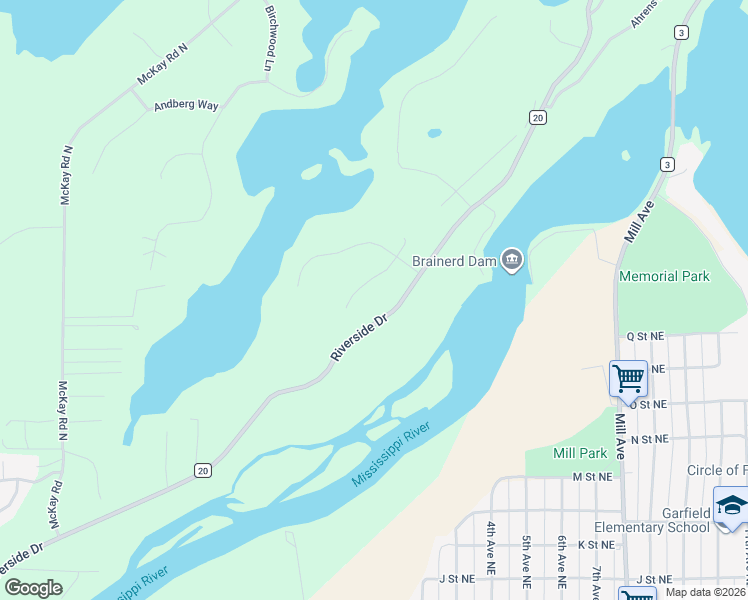 map of restaurants, bars, coffee shops, grocery stores, and more near 15540 Sunset Way in Brainerd
