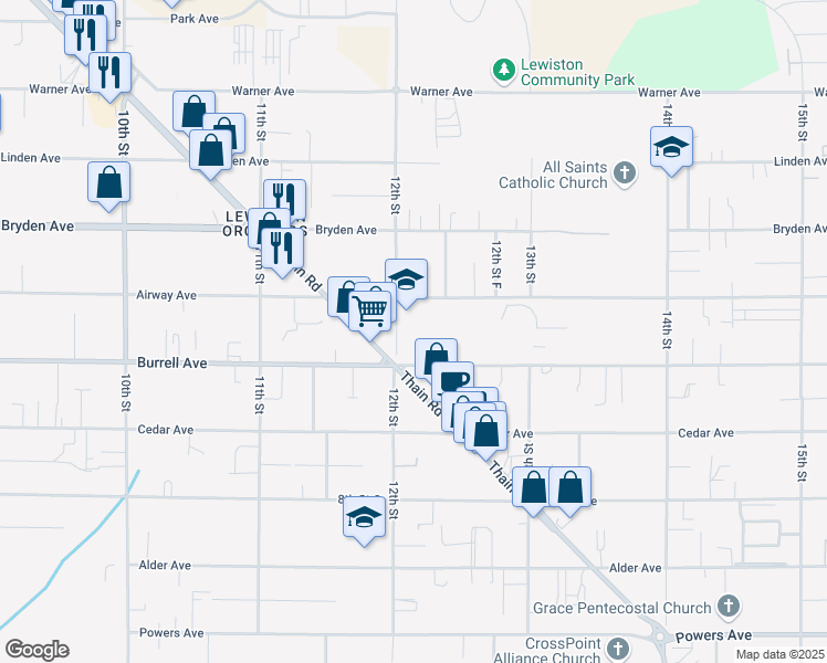 map of restaurants, bars, coffee shops, grocery stores, and more near 3429 12th Street in Lewiston