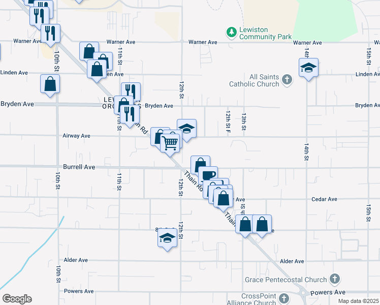 map of restaurants, bars, coffee shops, grocery stores, and more near 3429 12th Street in Lewiston