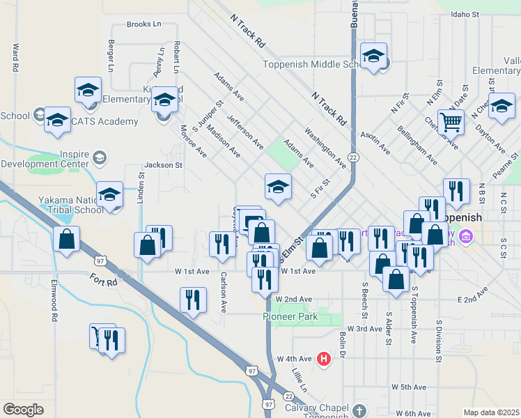 map of restaurants, bars, coffee shops, grocery stores, and more near 711 Rentschler Lane in Toppenish