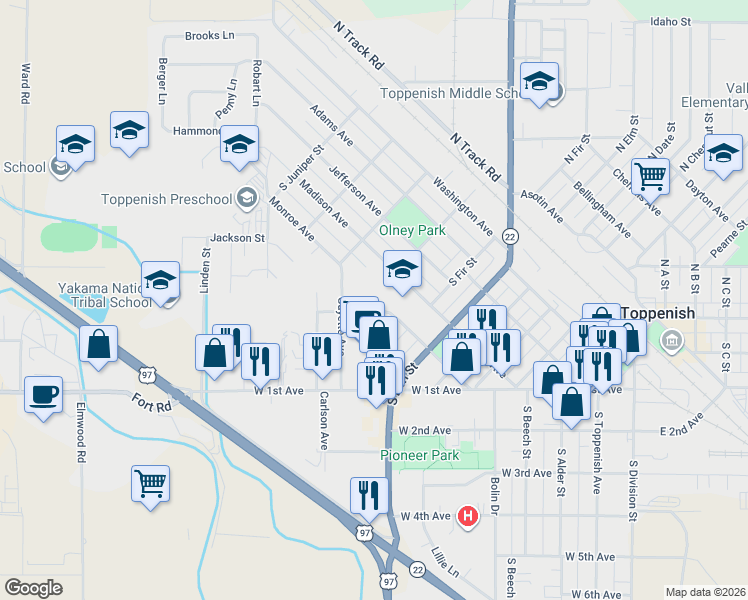 map of restaurants, bars, coffee shops, grocery stores, and more near 711 Rentschler Lane in Toppenish
