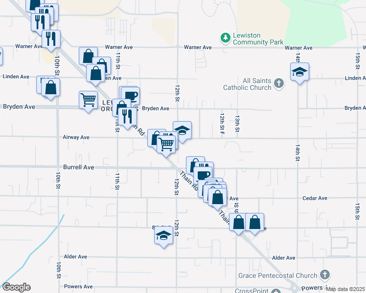 map of restaurants, bars, coffee shops, grocery stores, and more near 1215 Airway Ave in Lewiston