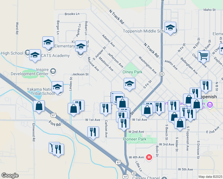 map of restaurants, bars, coffee shops, grocery stores, and more near 800 Guyette Avenue in Toppenish