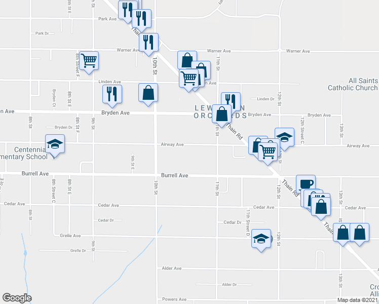 map of restaurants, bars, coffee shops, grocery stores, and more near 1036 Airway Avenue in Lewiston