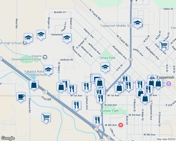 map of restaurants, bars, coffee shops, grocery stores, and more near 819 Guyette Avenue in Toppenish
