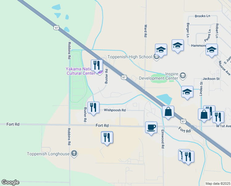 map of restaurants, bars, coffee shops, grocery stores, and more near 309 Wanity Park Drive in Toppenish