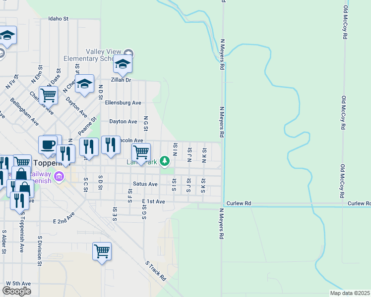 map of restaurants, bars, coffee shops, grocery stores, and more near Lincoln Avenue in Toppenish